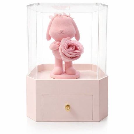 Iepuras cu trandafir in vitrina 22x15x15 cm, 1kg cu sertar bijuterii si punga cadou