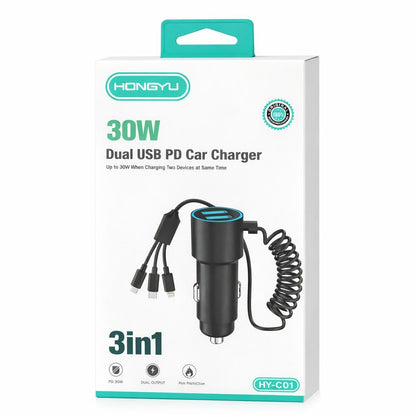 Încărcător auto Hongyu HY-C01 30W PD Dual USB cu cablu 3-în-1 integrat, încărcare rapidă 3.0A