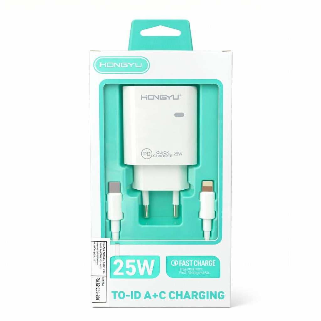 Încărcător rapid Hongyu 25W PD cu cablu USB-C la USB-C, model HY-JC03, alb
