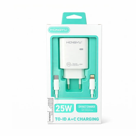 Încărcător rapid Hongyu 25W PD cu cablu USB-C la USB-C, model HY-JC03, alb