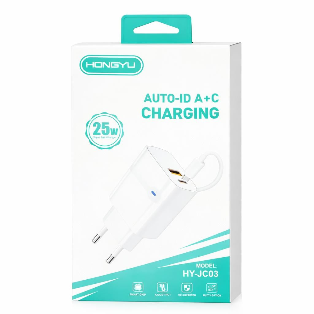 Încărcător rețea Hongyu HY-JC03 25W PD Fast Charge cu port USB + USB-C și cablu Lightning