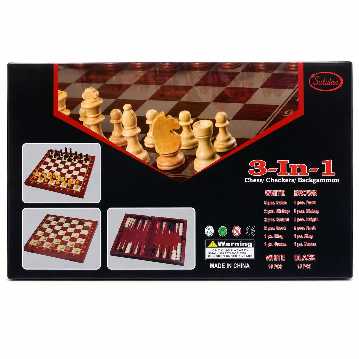 Joc 3 in 1 Sah, Table si Dame din Lemn maro deschis 50x40 cm Set Complet pentru Familie