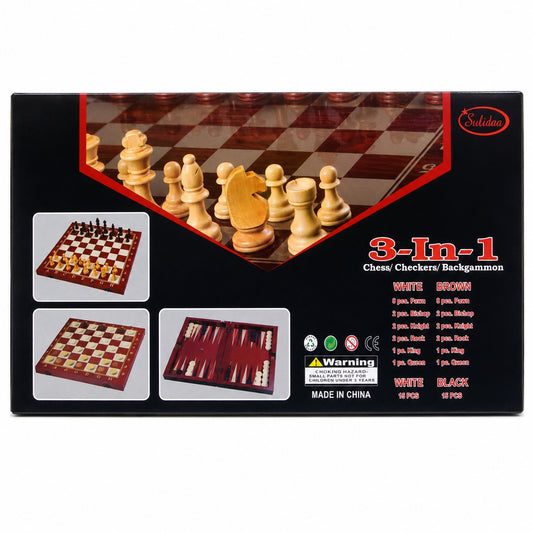 Joc 3 in 1 Sah, Table si Dame din Lemn maro deschis 50x40 cm Set Complet pentru Familie