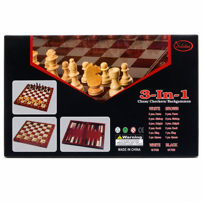 Joc 3 in 1 Sah, Table si Dame din Lemn maro inchis 50x40 cm Set Complet pentru Familie