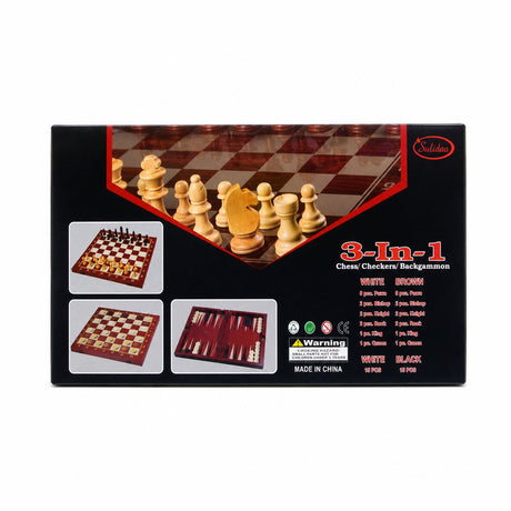 Joc 3 in 1 Sah, Table si Dame din Lemn maro inchis 50x40 cm Set Complet pentru Familie