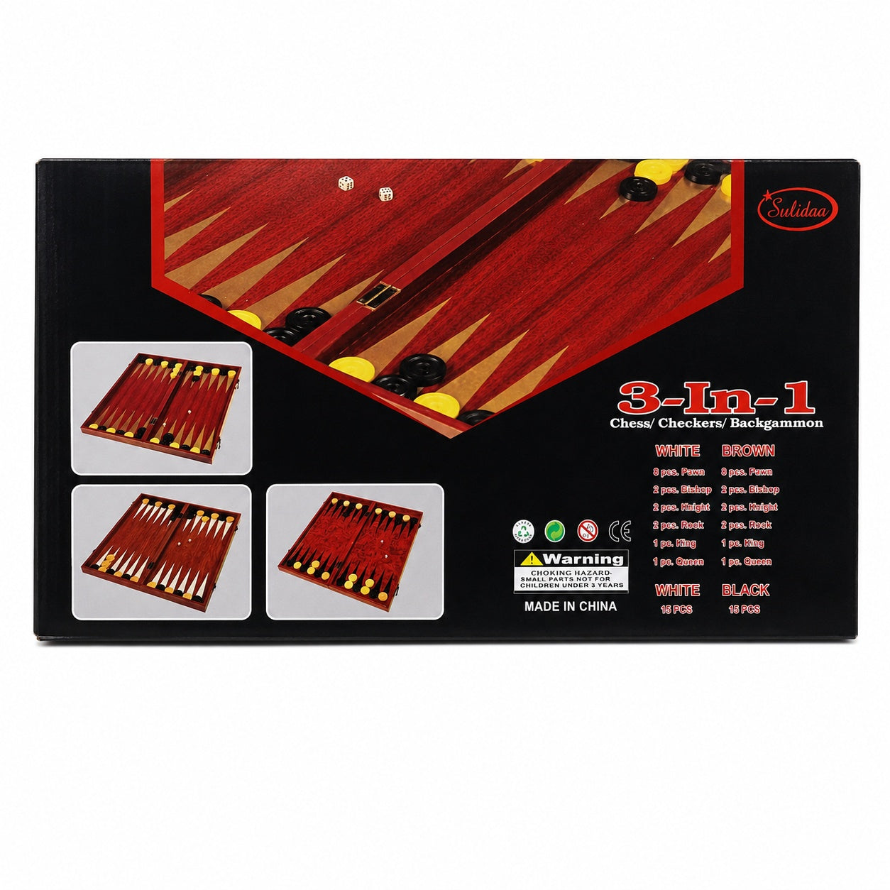 Joc 3 in 1 Sah, Table si Dame din Lemn maro inchis 50x40 cm Set Complet pentru Familie