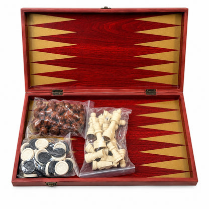 Joc 3 in 1 Sah, Table si Dame din Lemn maro inchis 50x40 cm Set Complet pentru Familie
