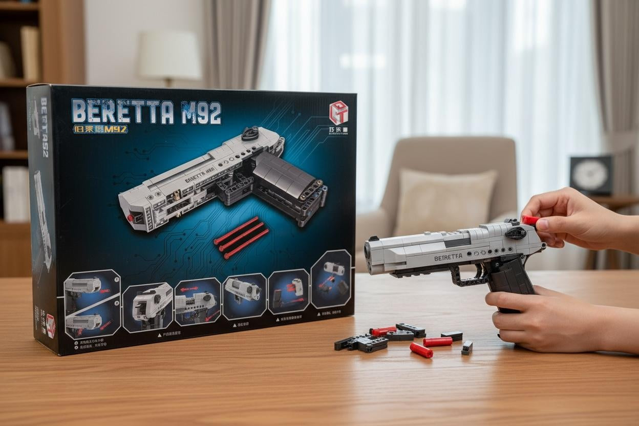 JOC DE CONSTRUCTIE PENTRU COPII MODEL PISTOL BERETTA M92, 349 PIESE, 36.5x27.5cm