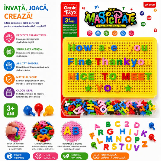 Joc Educativ cu Pioni și Litere pentru Copii 3+ Ani – Tablă Galbenă DIY