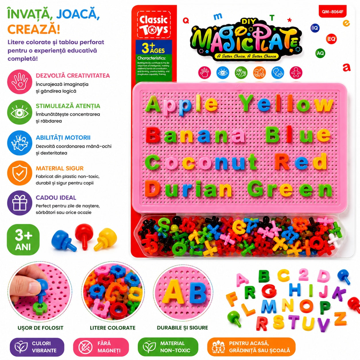 Joc Educativ pentru Copii cu Pioni și Litere Colorate – Tablă Roz Perforată, 3+ Ani