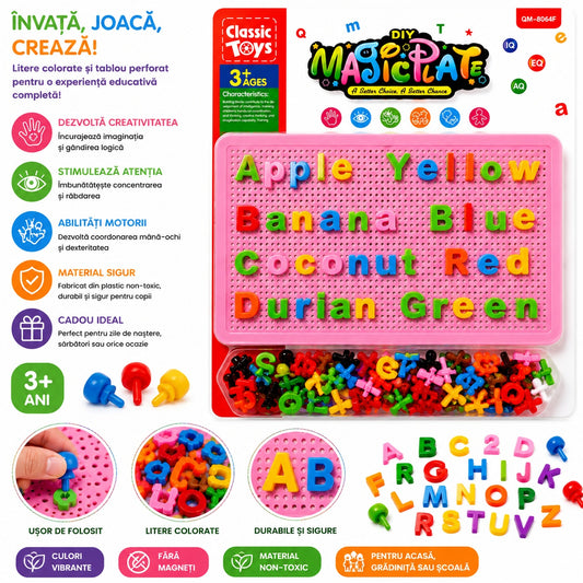 Joc Educativ pentru Copii cu Pioni și Litere Colorate – Tablă Roz Perforată, 3+ Ani