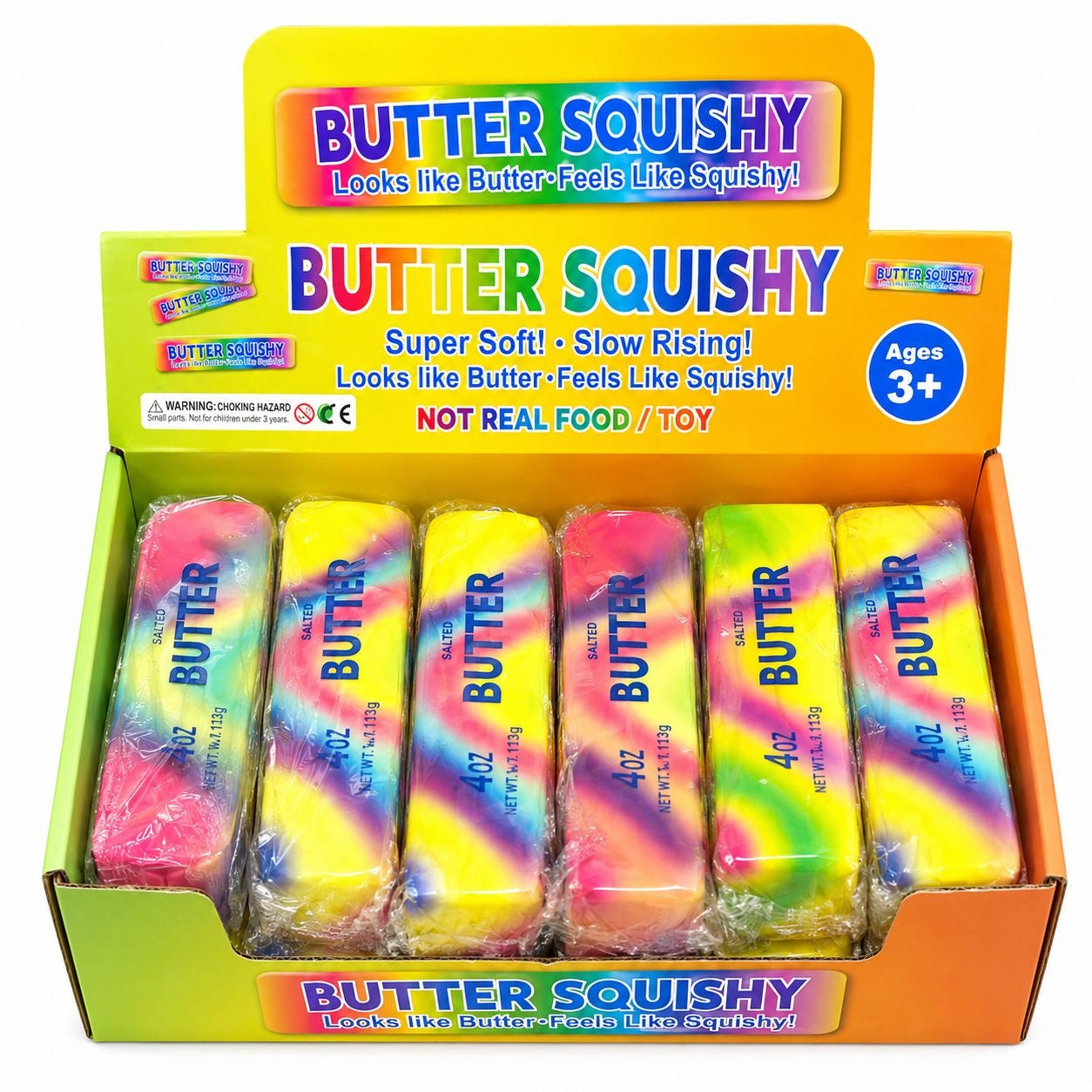Jucarie antistres Butter Squishy 13cm, model pachet de unt rainbow marble, slow rising
