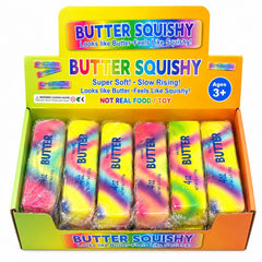 Jucarie antistres Butter Squishy 13cm, model pachet de unt rainbow marble, slow rising