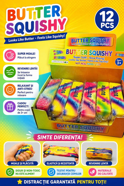 Jucarie antistres Butter Squishy 13cm, model pachet de unt rainbow marble, slow rising