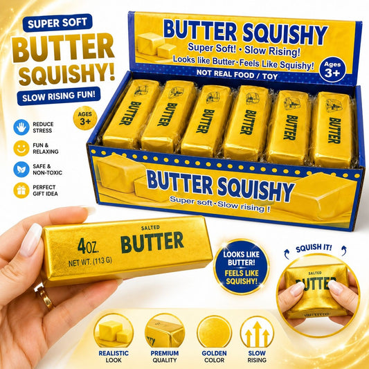 Jucărie Antistres Butter Squishy Auriu, 13cm – Squishy în Formă de Unt, Slow Rising, Super Moale