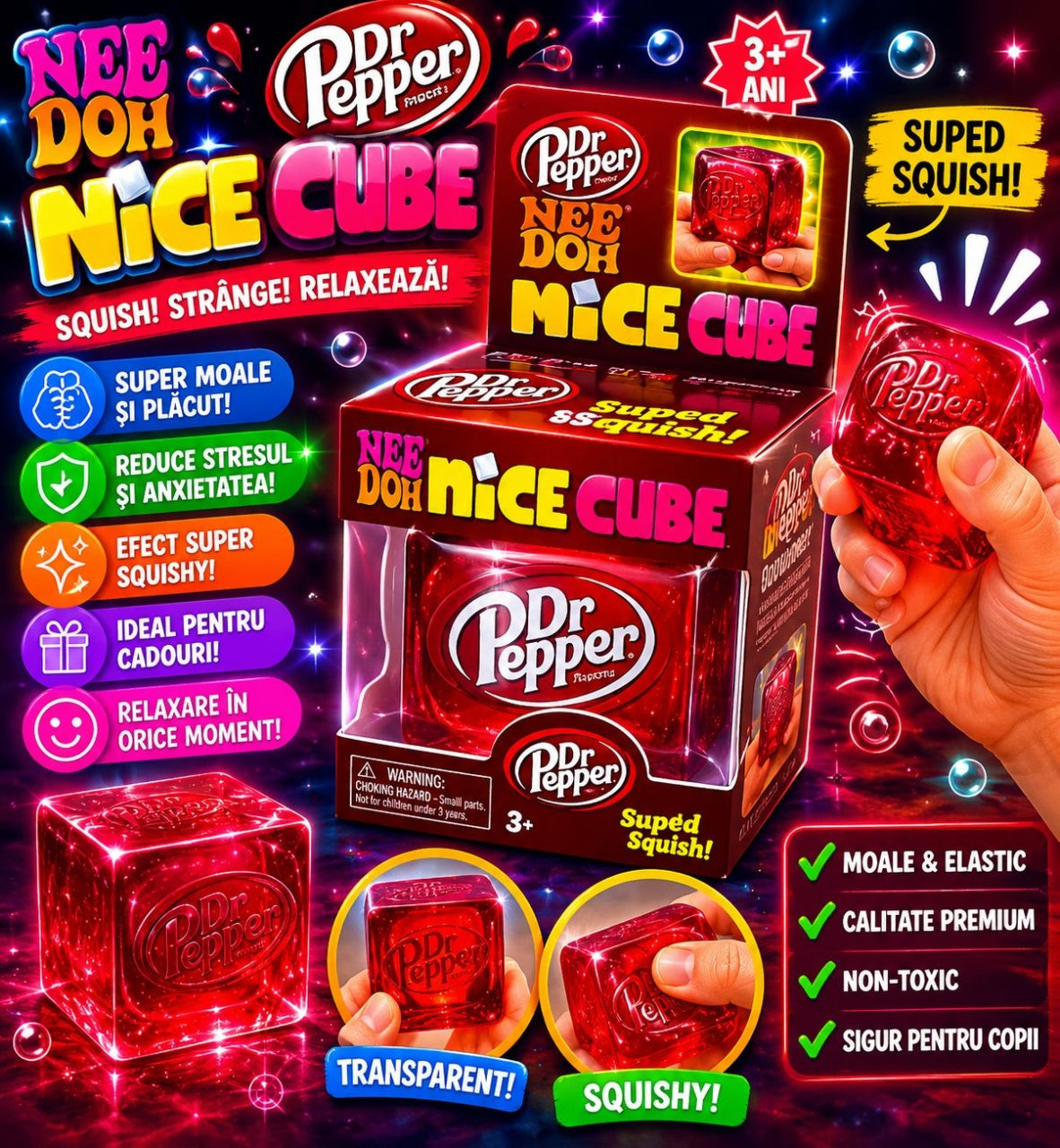 Jucărie Antistres Cub de gheata Roșu – Nice Cube Squishy , Moale și Elastic, 3+ Ani