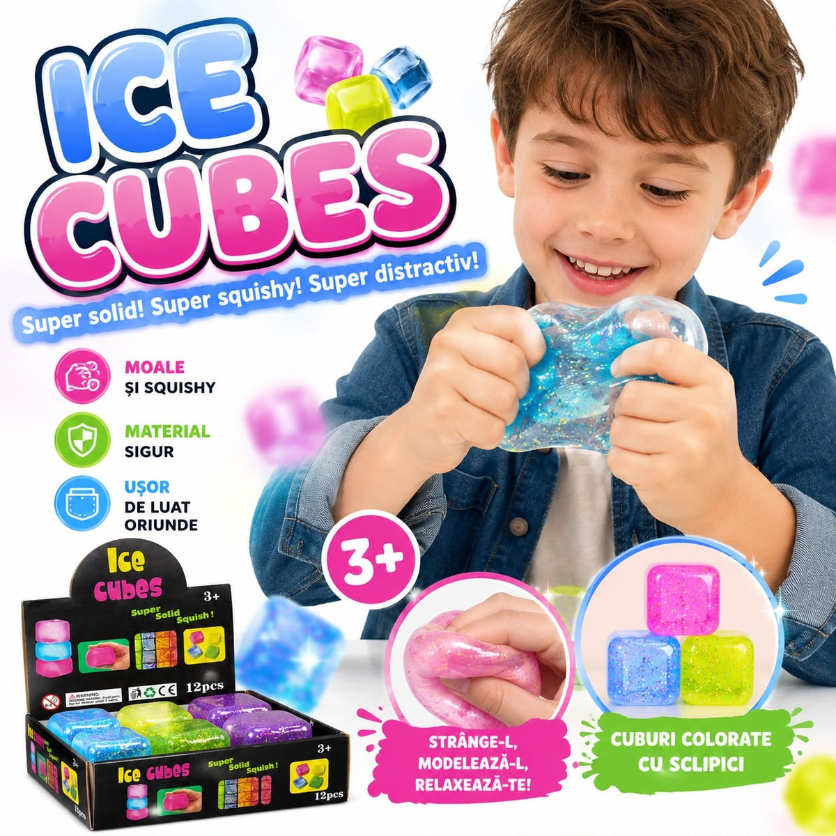 Jucărie Antistres Cub Squishy cu Sclipici, Model Aleatoriu, Elastică și Moale, Cub Colorat pentru Copii