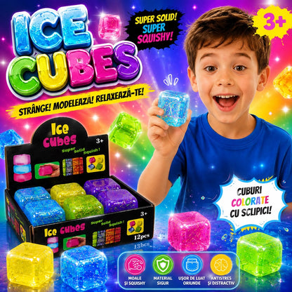 Jucărie Antistres Cub Squishy cu Sclipici, Model Aleatoriu, Elastică și Moale, Cub Colorat pentru Copii