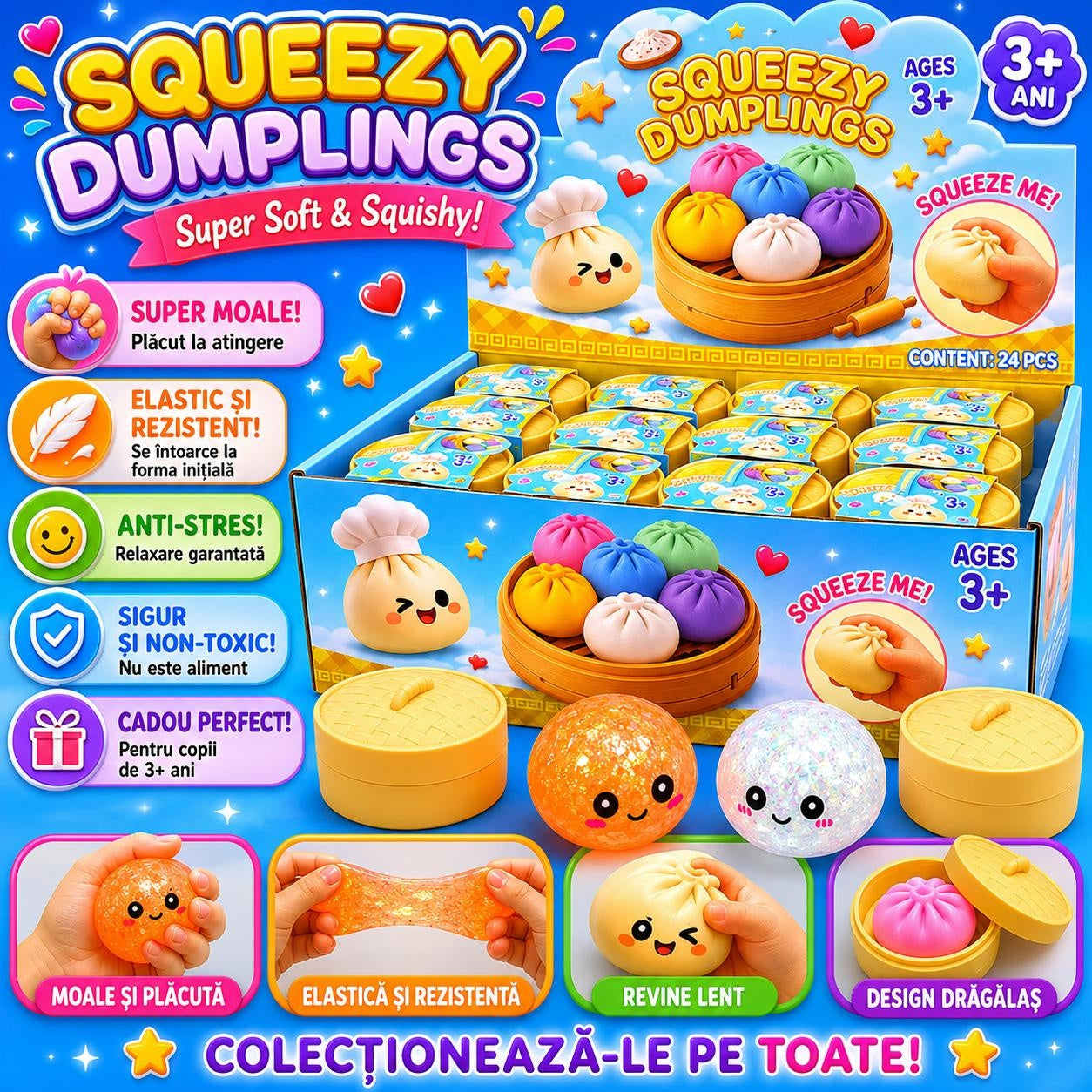 Jucarie antistres Dumpling Squishy 8.5cm, moale si elastica, culori aleatorii