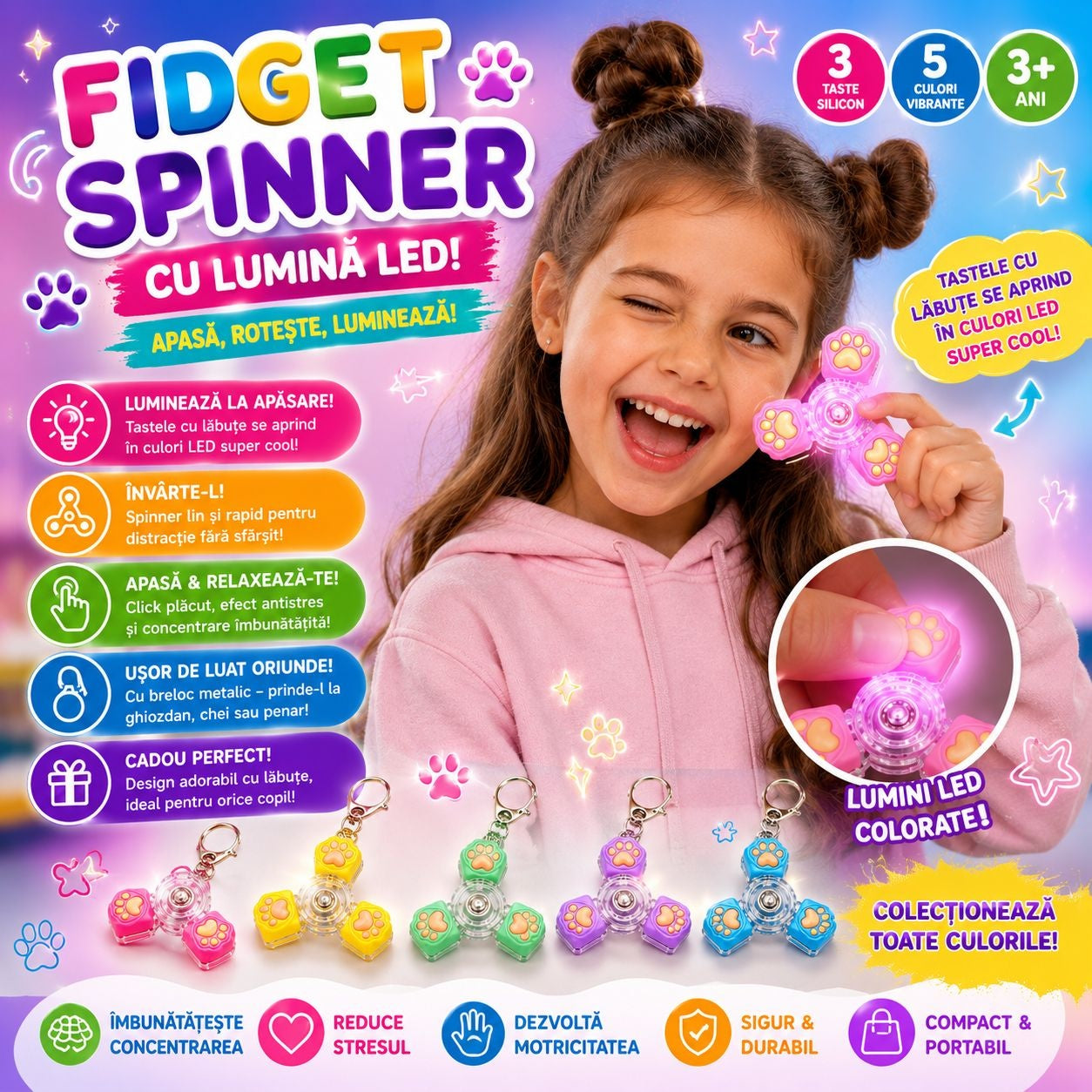 Jucărie Antistres Fidget Spinner cu 3 Taste și Lumini LED – Breloc Sensorial cu Lăbuțe Luminoase