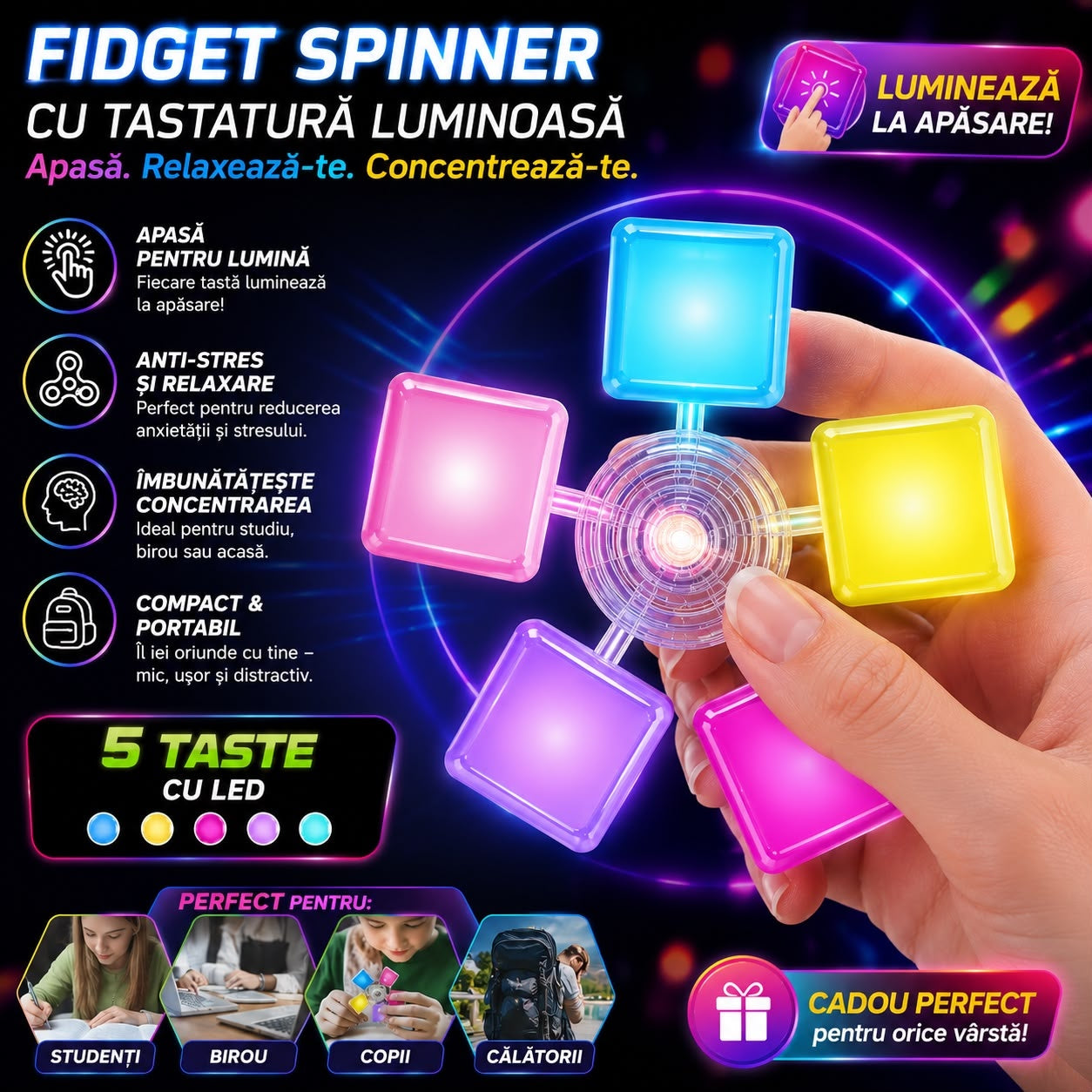 Jucărie Antistres Fidget Spinner cu 5 Taste Luminoase LED – Spinner Pop It pentru Relaxare și Concentrare