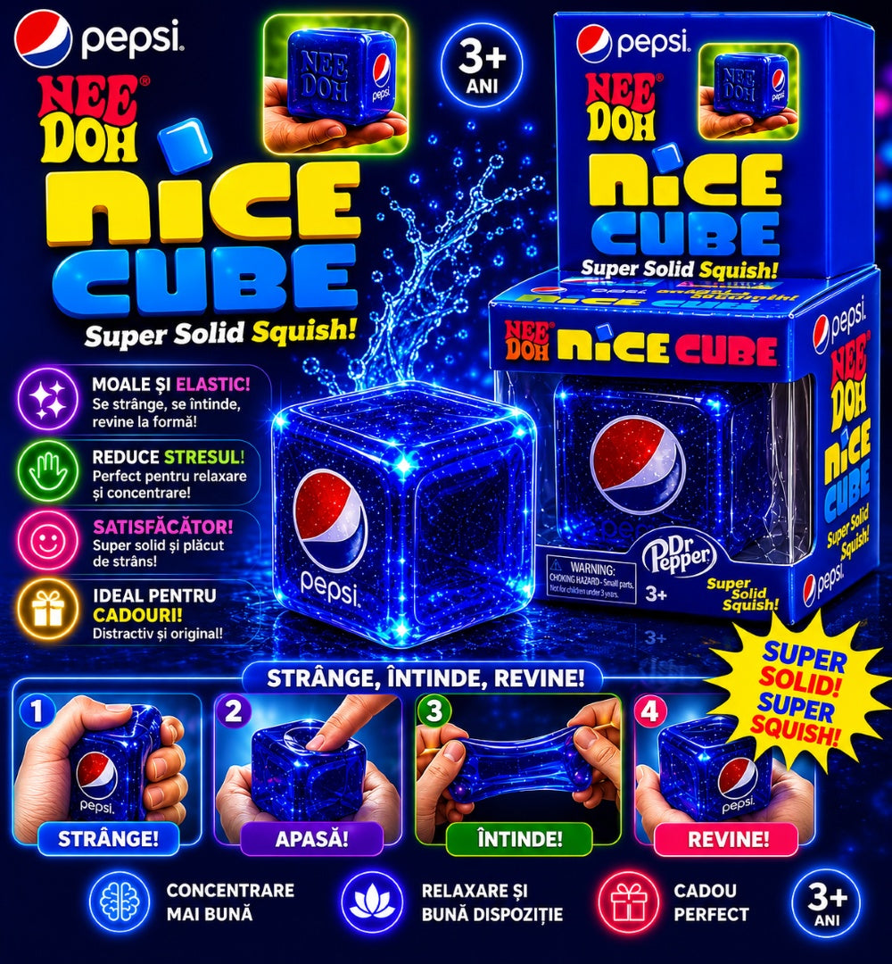 Jucărie Antistres Ice Cube Albastru – Cub Squishy , Moale și Elastic, pentru Relaxare, 3+ Ani