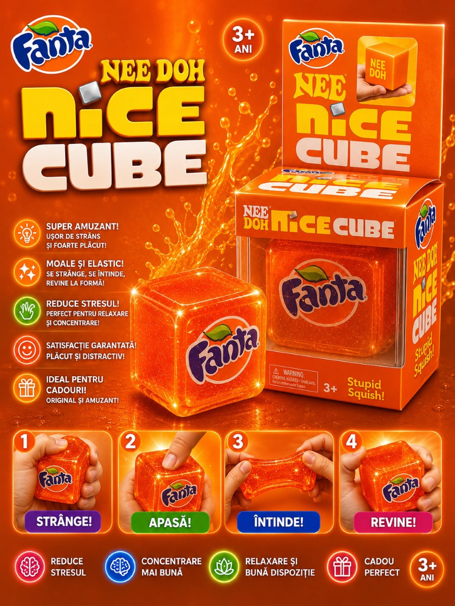 Jucărie Antistres Ice Cube Portocaliu – Cub Squishy , Moale și Elastic pentru Relaxare, 3+ Ani