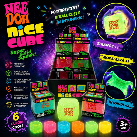 Jucărie Antistres NeeDoh Nice Cube Fosforescent – Cub Squishy Elastic care Strălucește în Întuneric