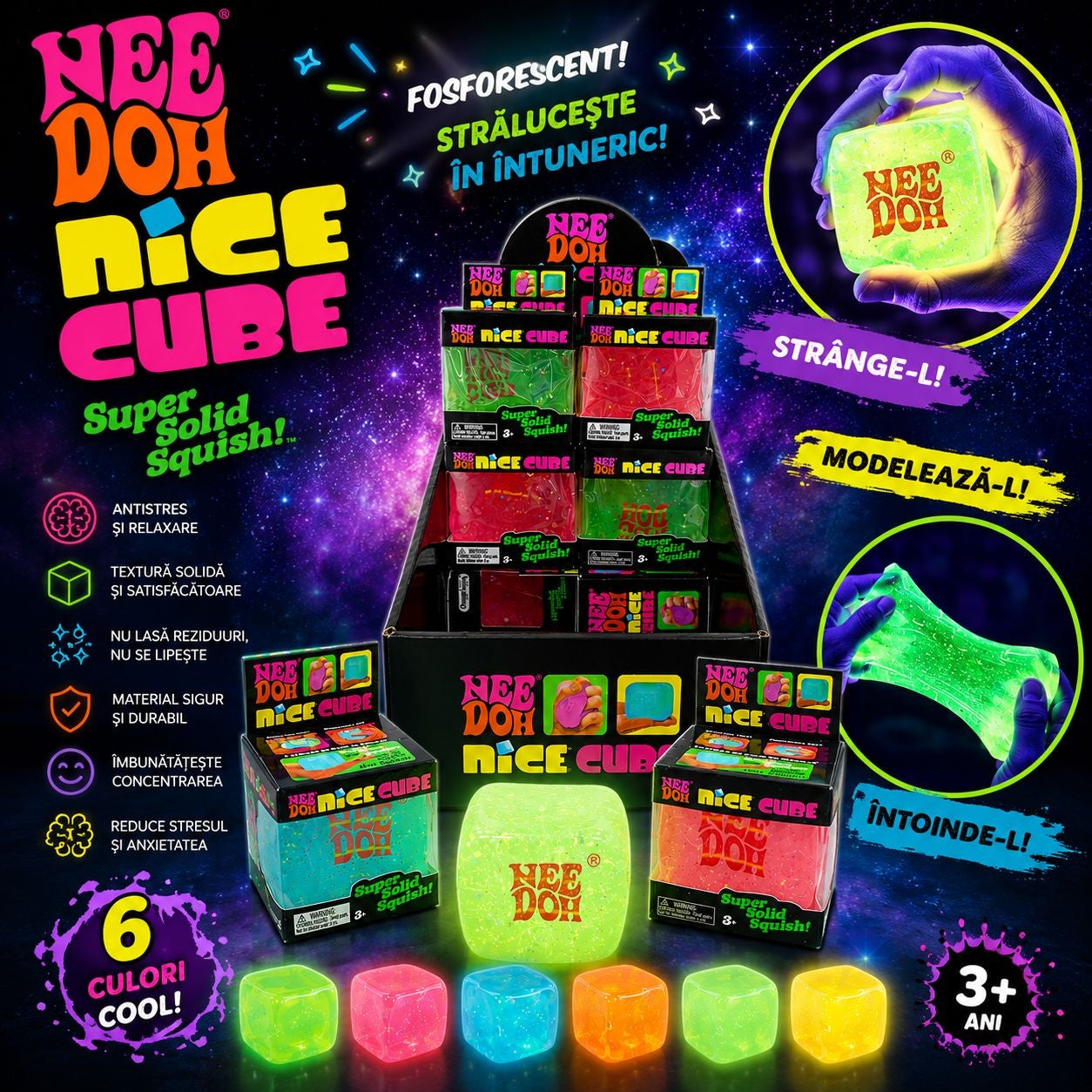 Jucărie Antistres NeeDoh Nice Cube Fosforescent – Cub Squishy Elastic care Strălucește în Întuneric