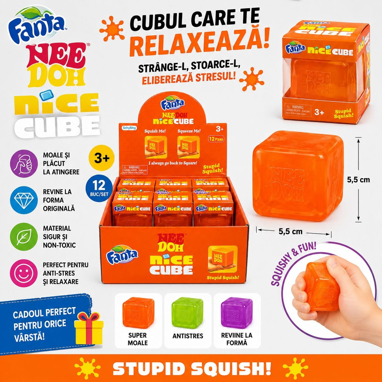 Jucărie Antistres NeeDoh Nice Cube Portocaliu – Cub Squishy
