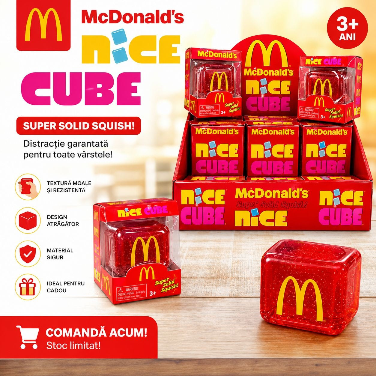 Jucărie Antistres NeeDoh Nice Cube Roșu cu Galben – Cub Squishy Elastic pentru Relaxare și Distracție