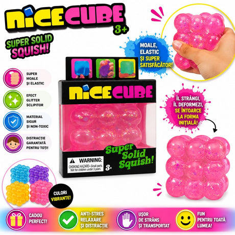 Jucărie Antistres Nice Cube Bubble cu Sclipici 5cm – Cub Squishy Elastic, Glitter Strălucitor