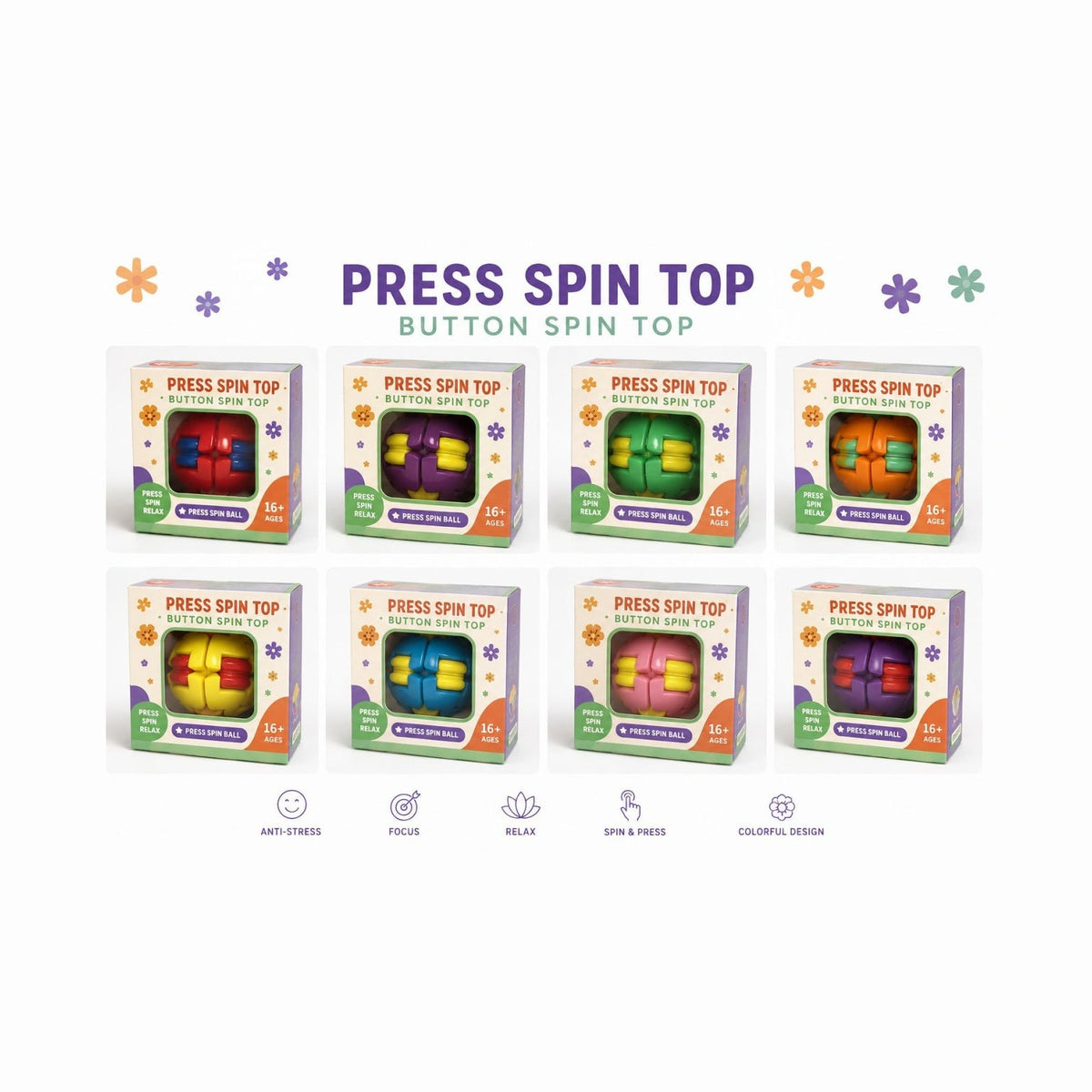 Jucărie Antistres Press Spin Top – Minge Fidget Rotativă pentru Relaxare, Focus și Dexteritate