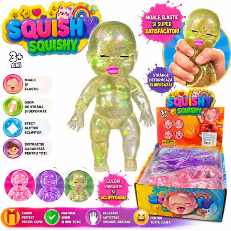 Jucărie Antistres Squishy Bebeluș cu Sclipici 13cm – Figurina Elastică și Moale pentru Relaxare