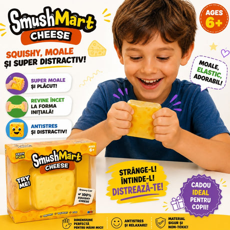 Jucărie Antistres Squishy Brânză 10 cm, cu Spumă în Interior, Moale și Elastică