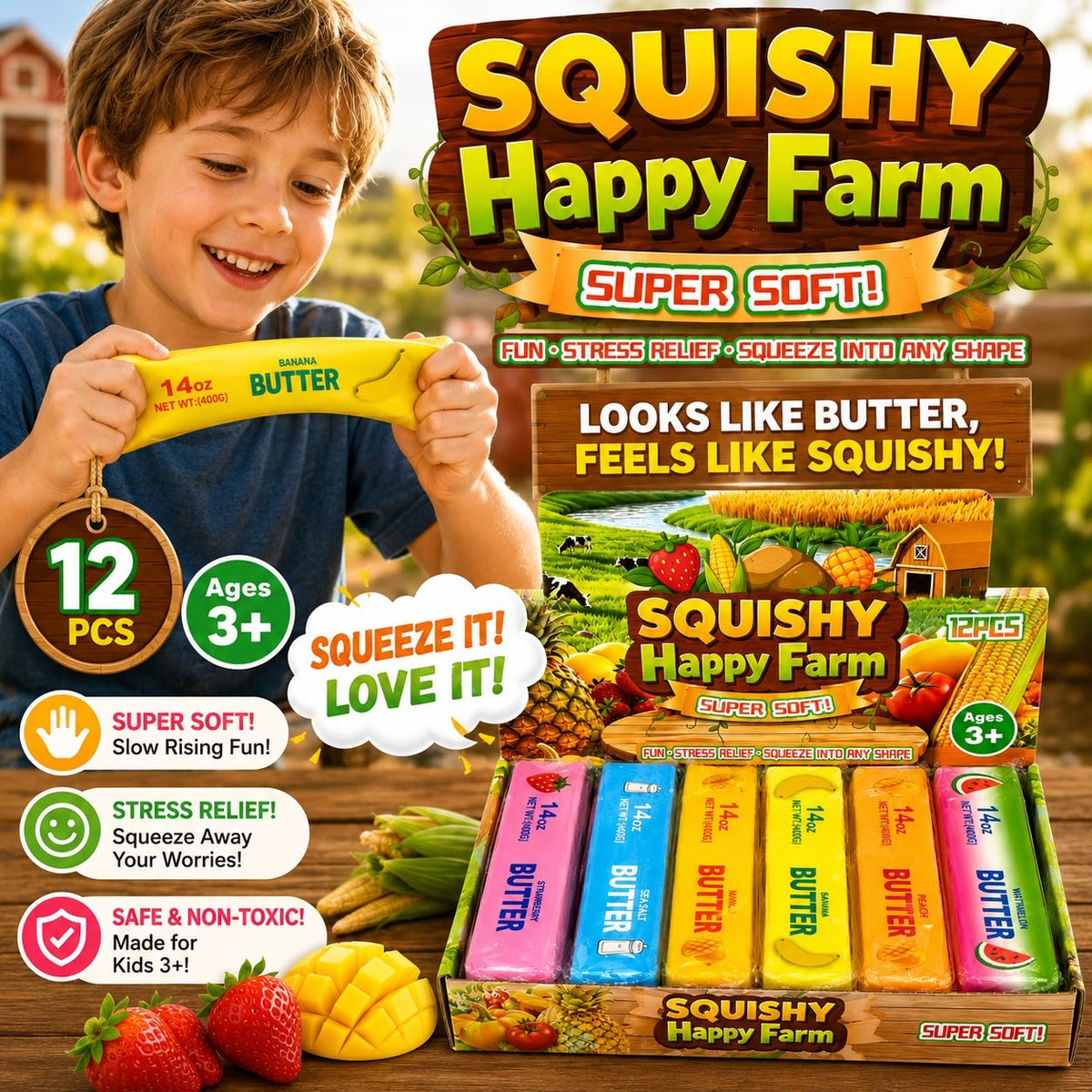 Jucărie Antistres Squishy Butter cu Fructe, 23 cm, Slow Rising, Model Aleatoriu