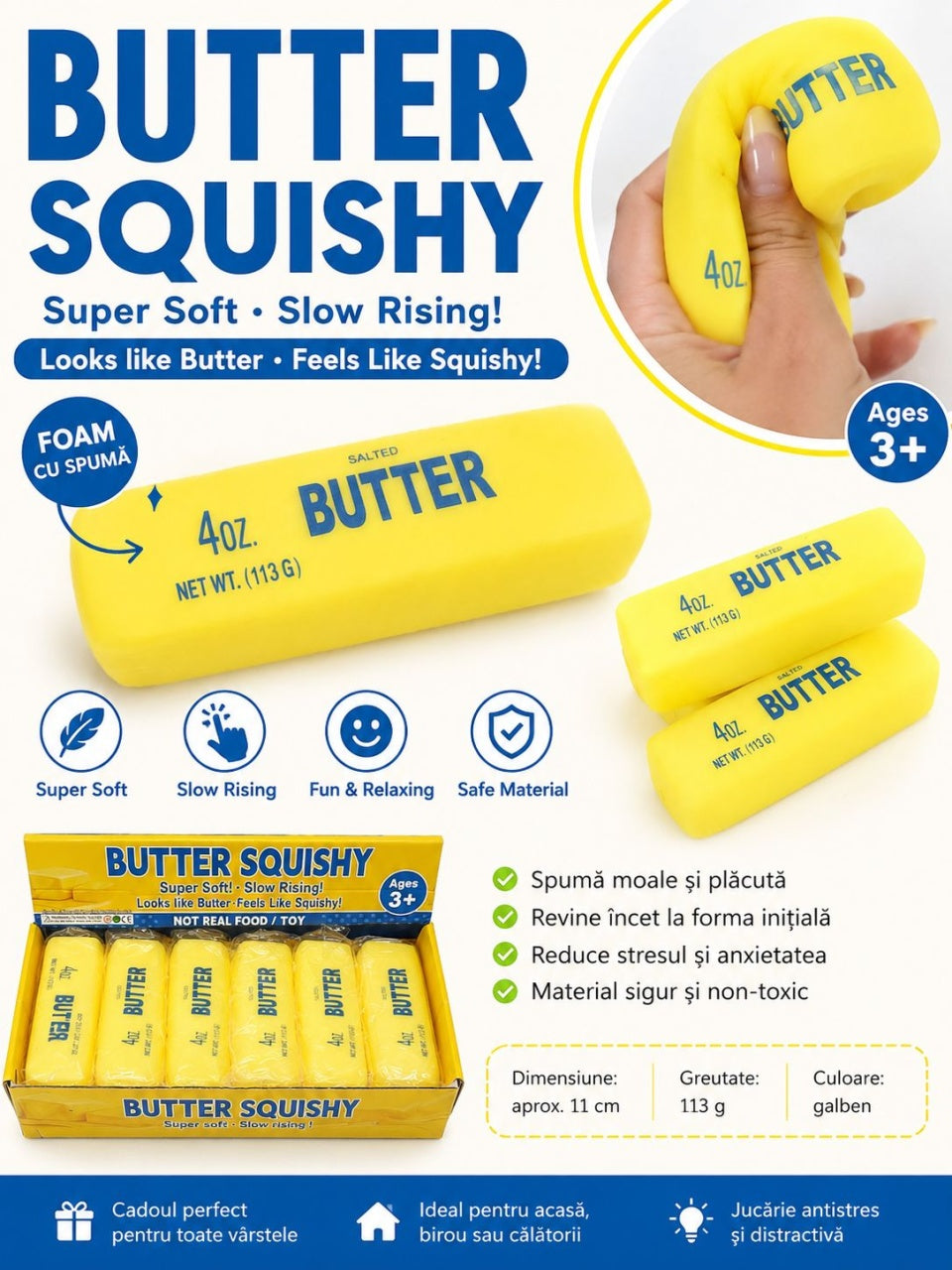 Jucărie Antistres Squishy Butter cu Spumă, Moale și Elastică, Model Unt, 11 cm