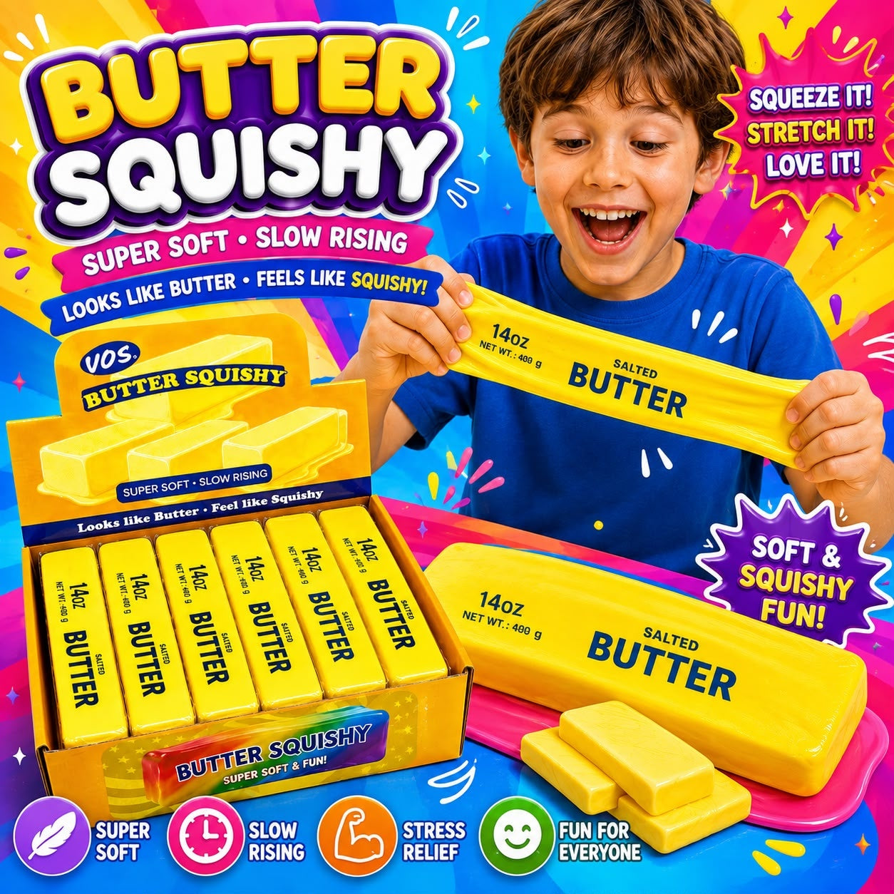 Jucărie Antistres Squishy Butter Galben, 23cm Slow Rising, Super Soft, Model Unt, Relaxare
