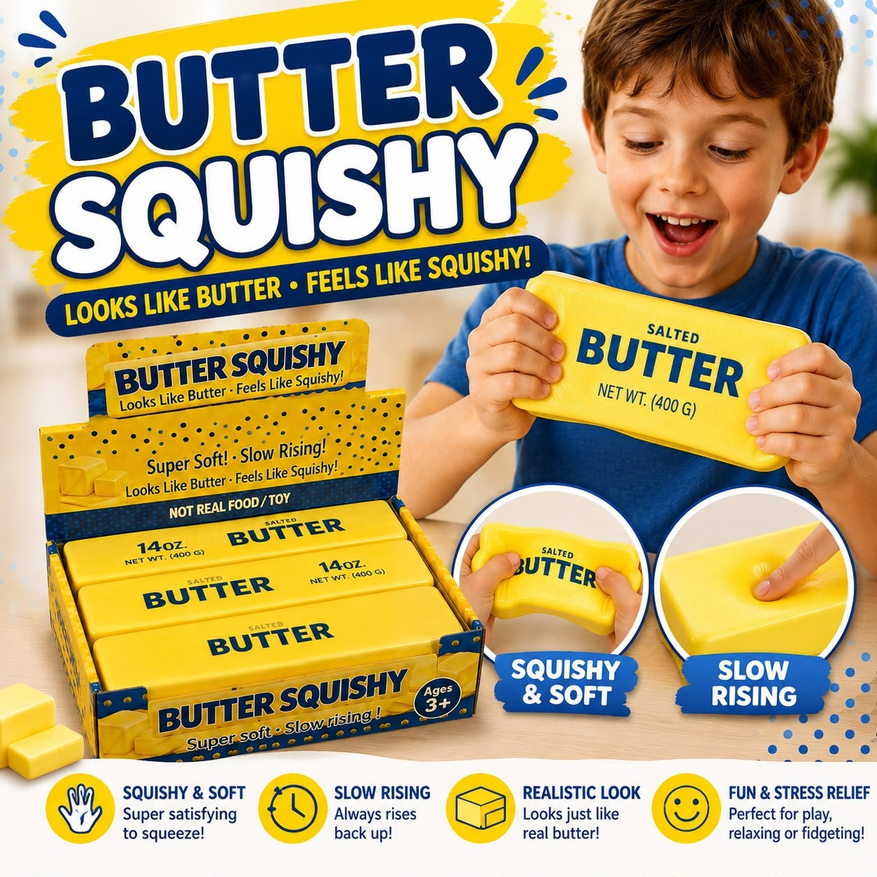 Jucărie Antistres Squishy Butter Gigant Galben 23cm, Super Moale și Elastică, 3+ Ani
