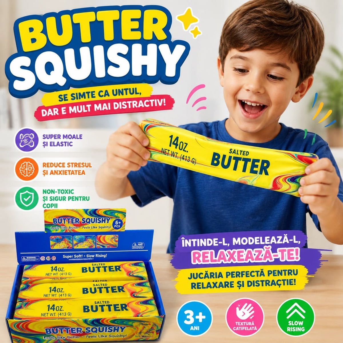 Jucărie Antistres Squishy Butter Marble Slow Rising, 24 x 5 cm, Super Moale și Elastică