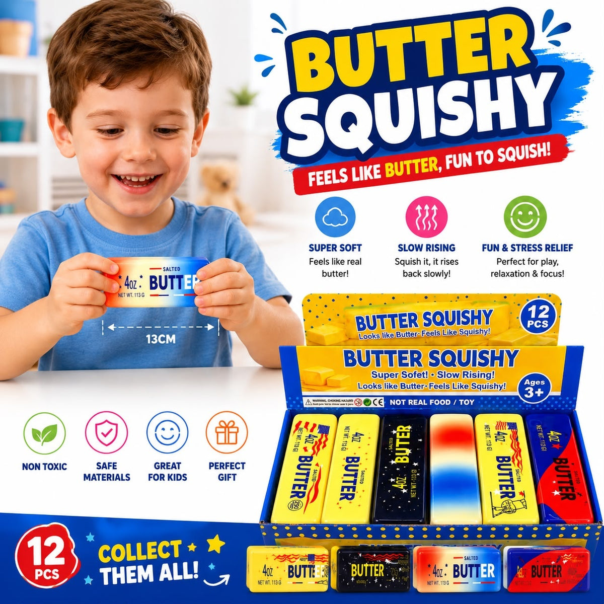 Jucărie Antistres Squishy Butter Multicolor 13 cm – Squishy Super Moale, Model Aleatoriu