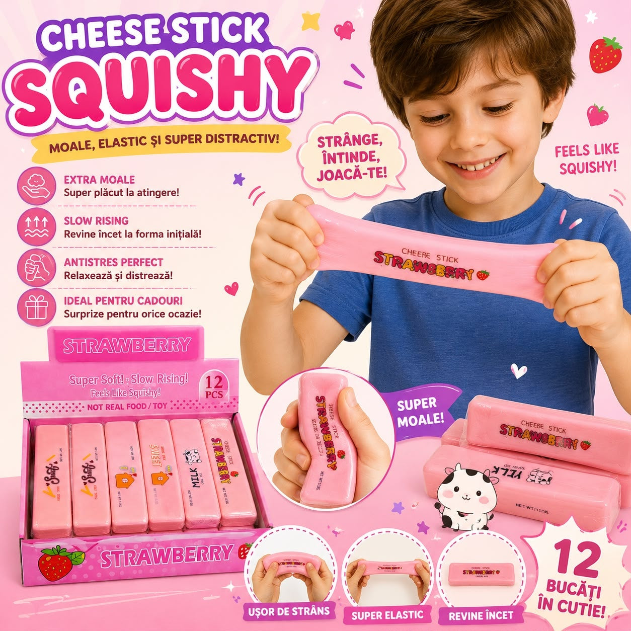 Jucărie Antistres Squishy Butter Roz, 13 cm, Moale și Elastică, Slow Rising