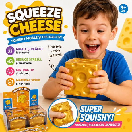 Jucărie Antistres Squishy Cașcaval Gigant Auriu 10 cm, Slow Rising, cu Spumă în Interior