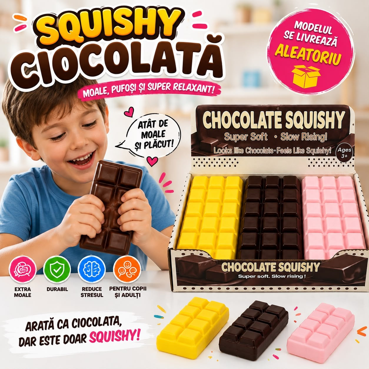Jucărie Antistres Squishy Ciocolată, 17cm , Super Moale, Slow Rising, Model Aleatoriu