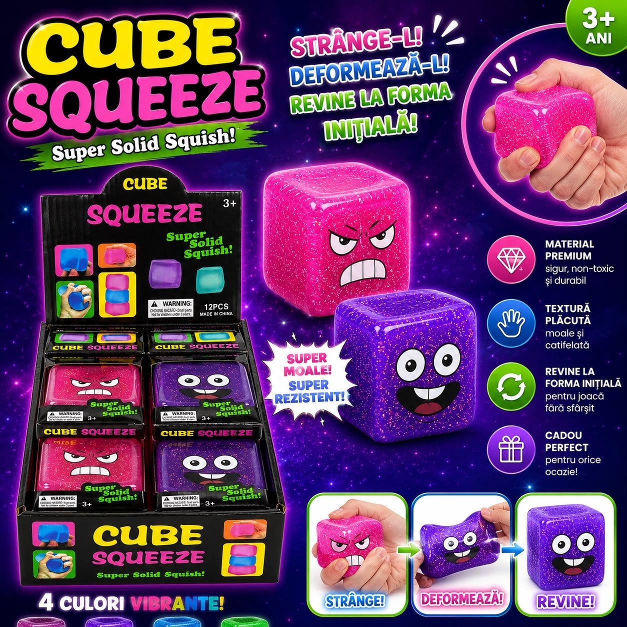 Jucărie Antistres Squishy Cub cu Fețe Amuzante și Sclipici, Slow Rising, Culoare și Model Aleatoriu, 3+ Ani