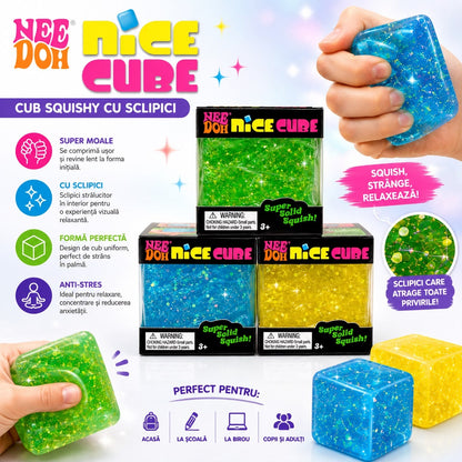 Jucărie Antistres Squishy Cub cu Sclipici Nice Cube, Model Aleatoriu, Elastic și Relaxant