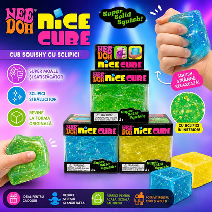 Jucărie Antistres Squishy Cub cu Sclipici Nice Cube, Model Aleatoriu, Elastic și Relaxant