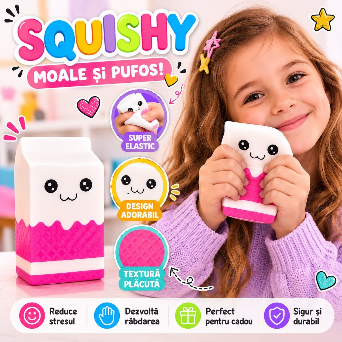 Jucărie Antistres Squishy Cutie de Lapte Kawaii, Moale și Elastică, Slow Rising, Fidget Toy pentru Copii