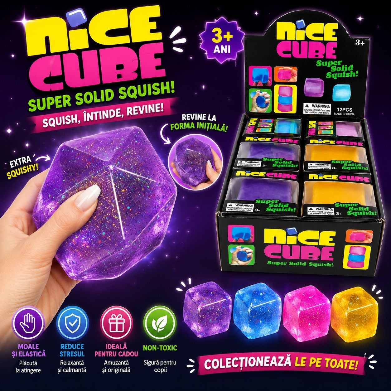 Jucărie Antistres Squishy Diamant cu Sclipici 6cm – Fidget Moale și Elastic, Model Cristal Colorat
