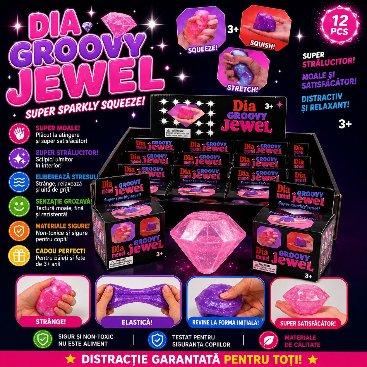 Jucarie antistres Squishy Diamond 6cm, moale cu sclipici, culoare aleatorie